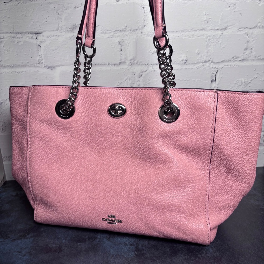 Coach Pink Pebbled Leather Turn Lock Chain Tote and Wallet